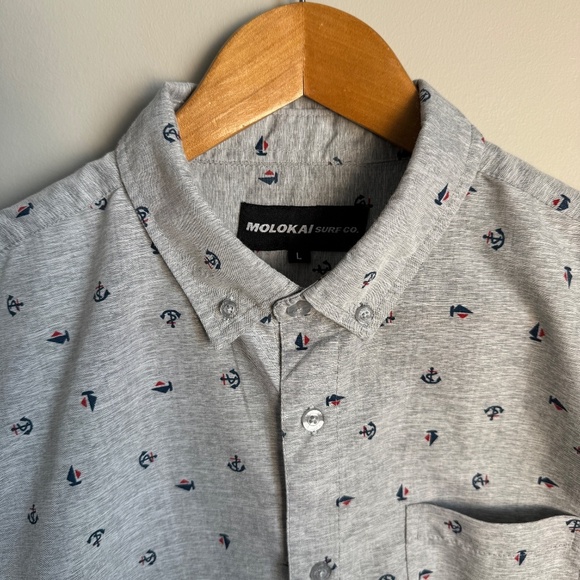 Molokai Surf Co Men's Allover Boat & Anchor Short Sleeve Button Shirt Gray Large - Picture 4 of 13